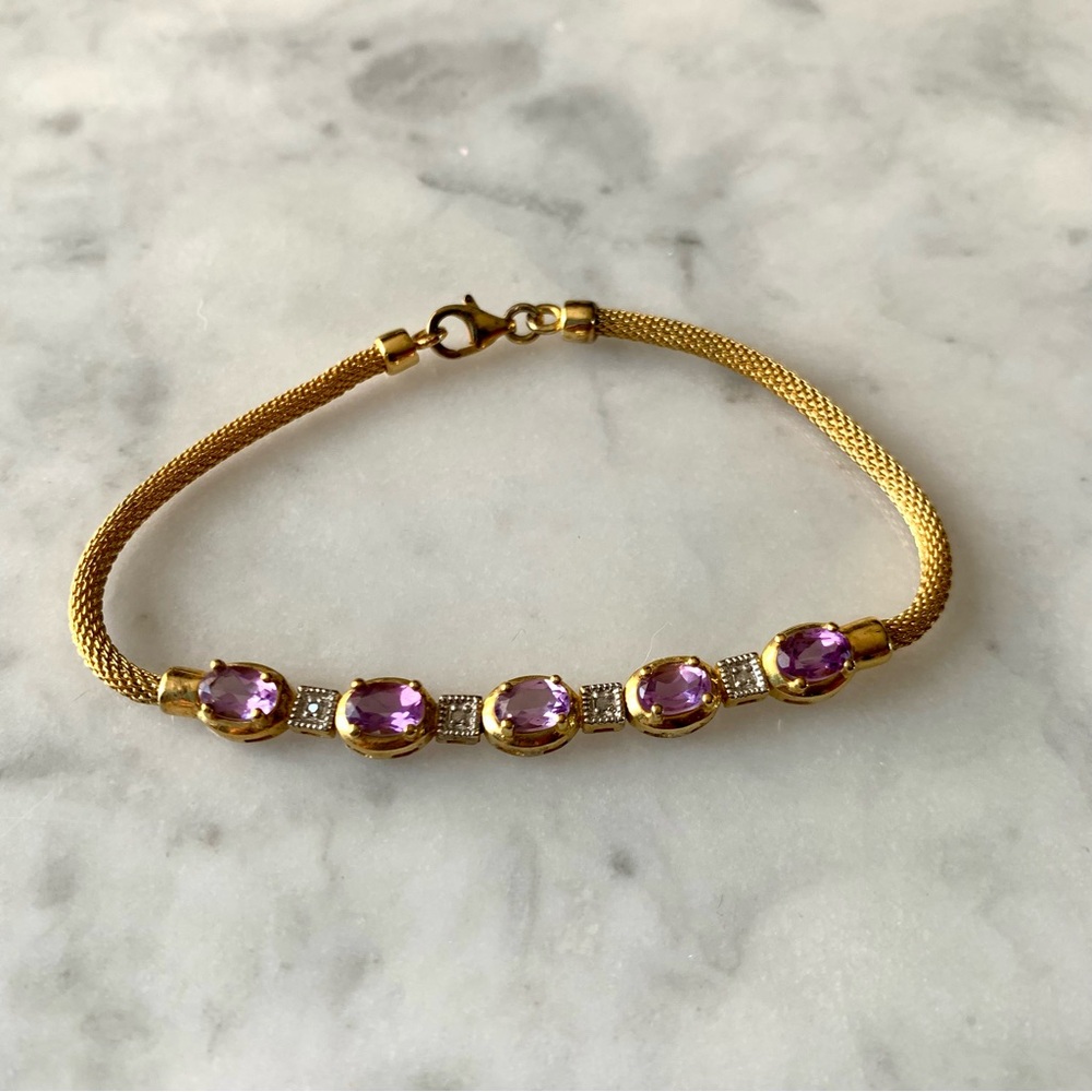 Dee Berkley Gold Over Sterling Silver Amethyst And Diamond Mesh Bracelet 7.25”
